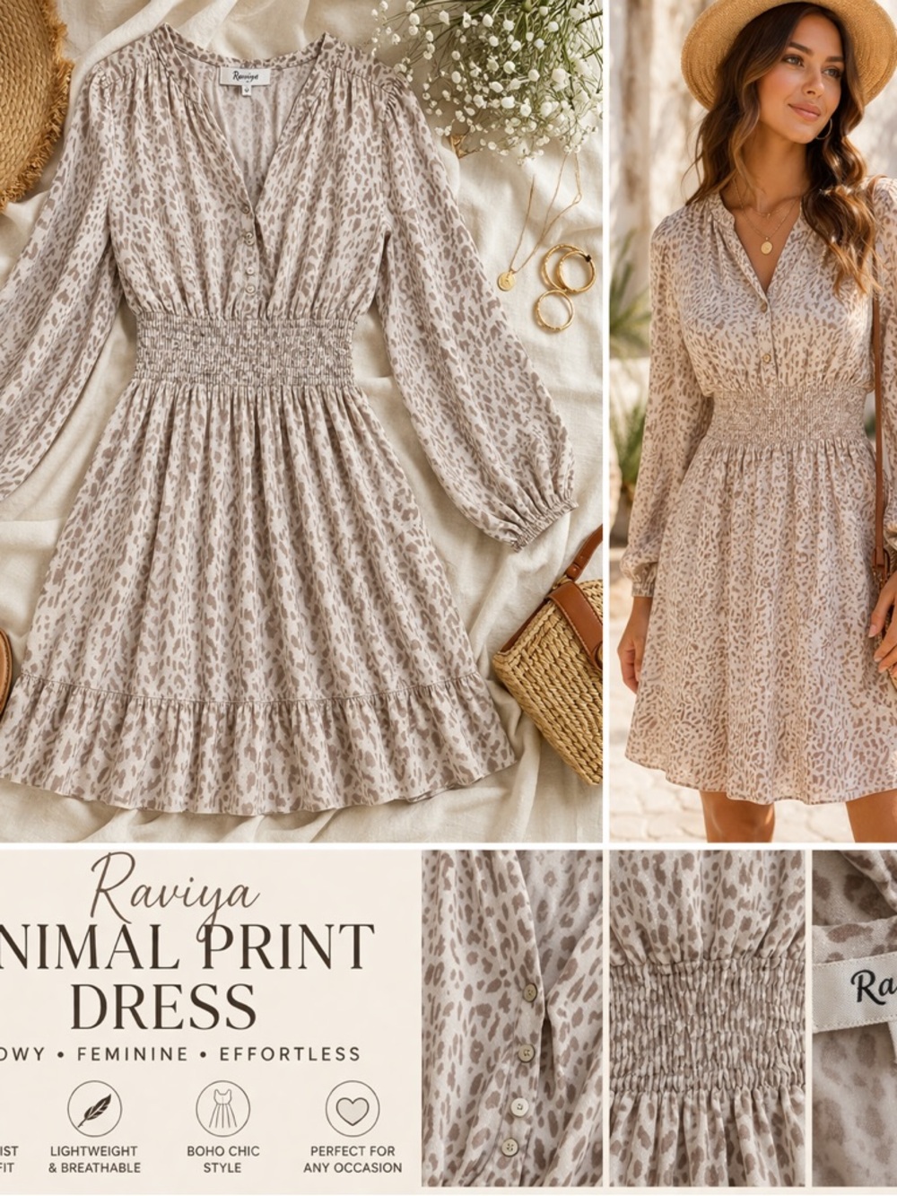 Raviya Beige Animal Print Smocked Waist Dress Size Medium Boho Flowy Long Sleeve